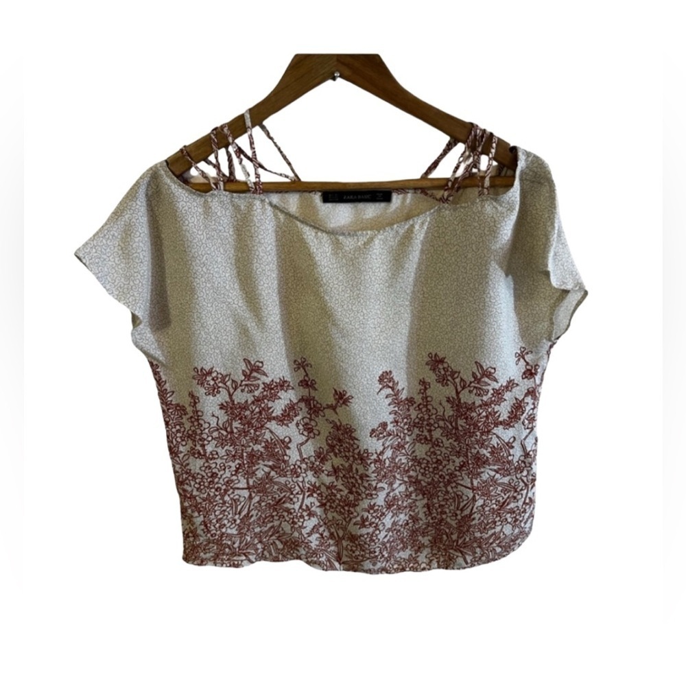 Zara Basic Cold Shoulder Crop‎ Top Women Straps Floral Cap Sleeve XS lightweight